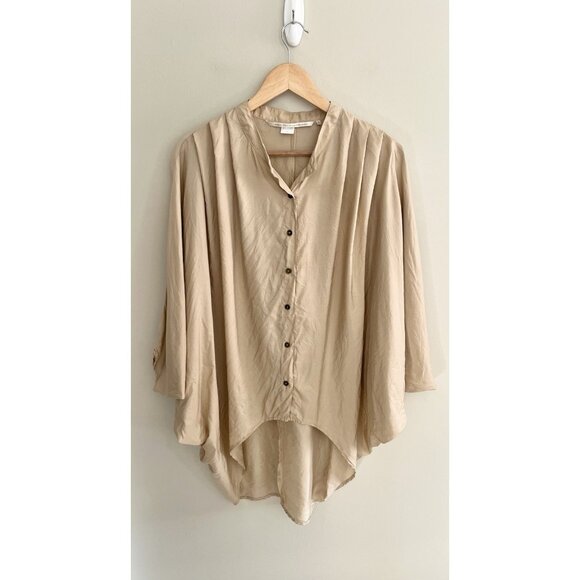 Twelfth Street by Cynthia Vincent Batwing Button up Silk Blouse Cream Tan size M - Picture 1 of 10